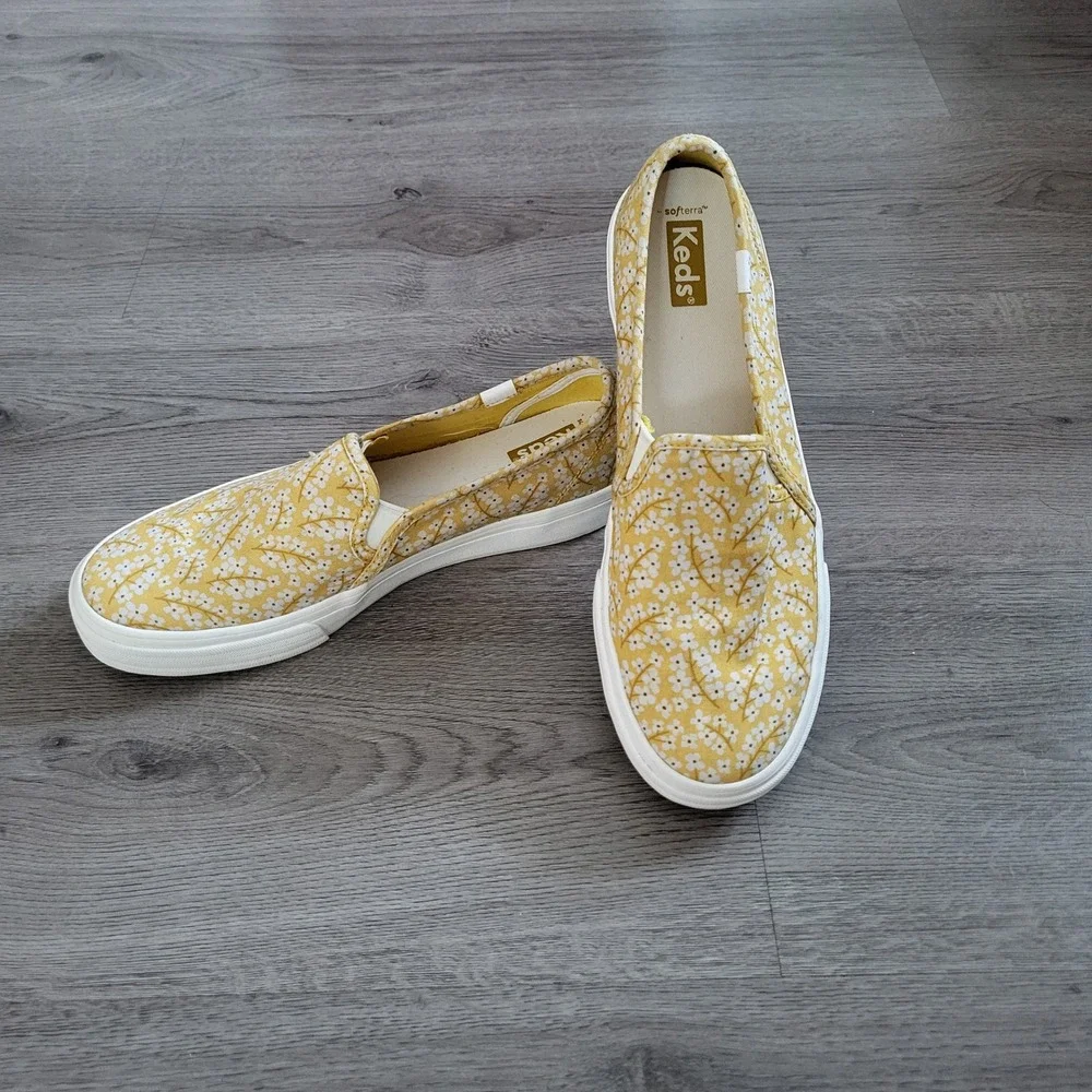 Keds Double Decker Yellow Floral Canvas Slip On Sneakers Softerra Womens 8.5